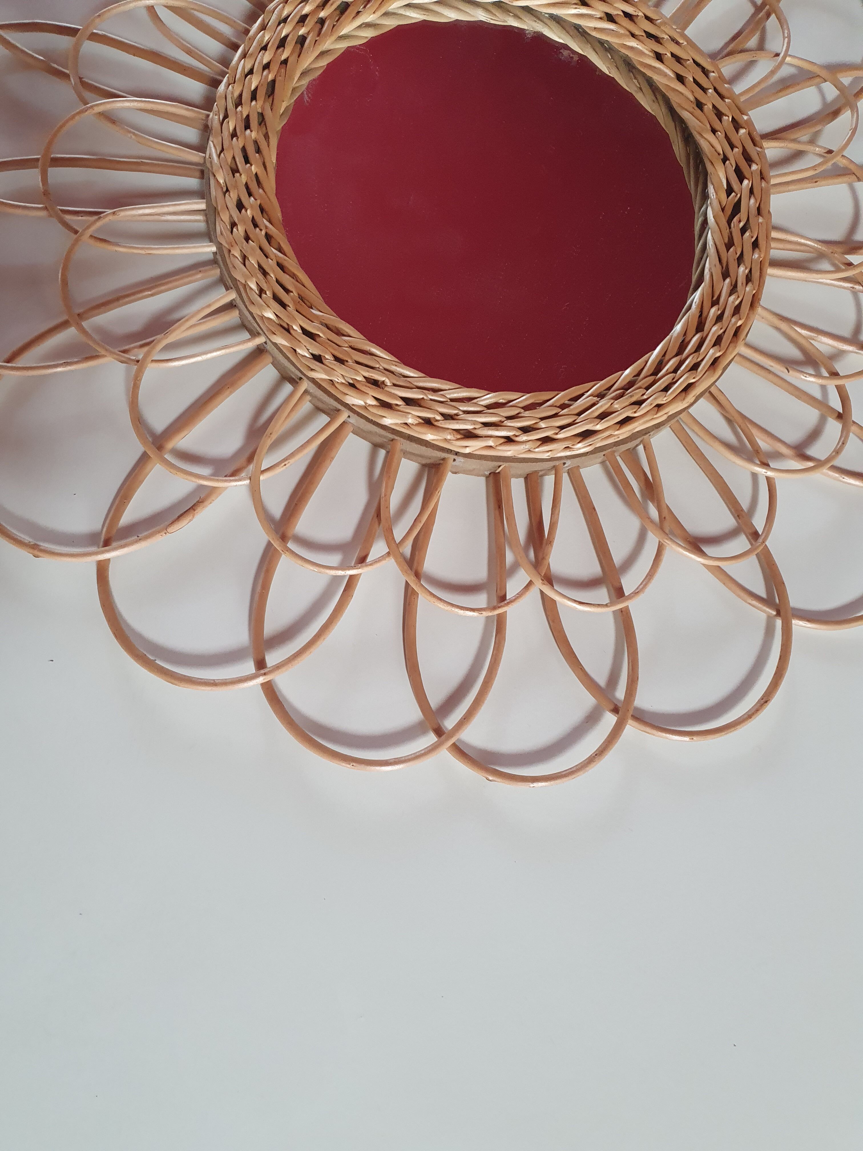 Vintage wicker sunrattan mirror diam 56 cm