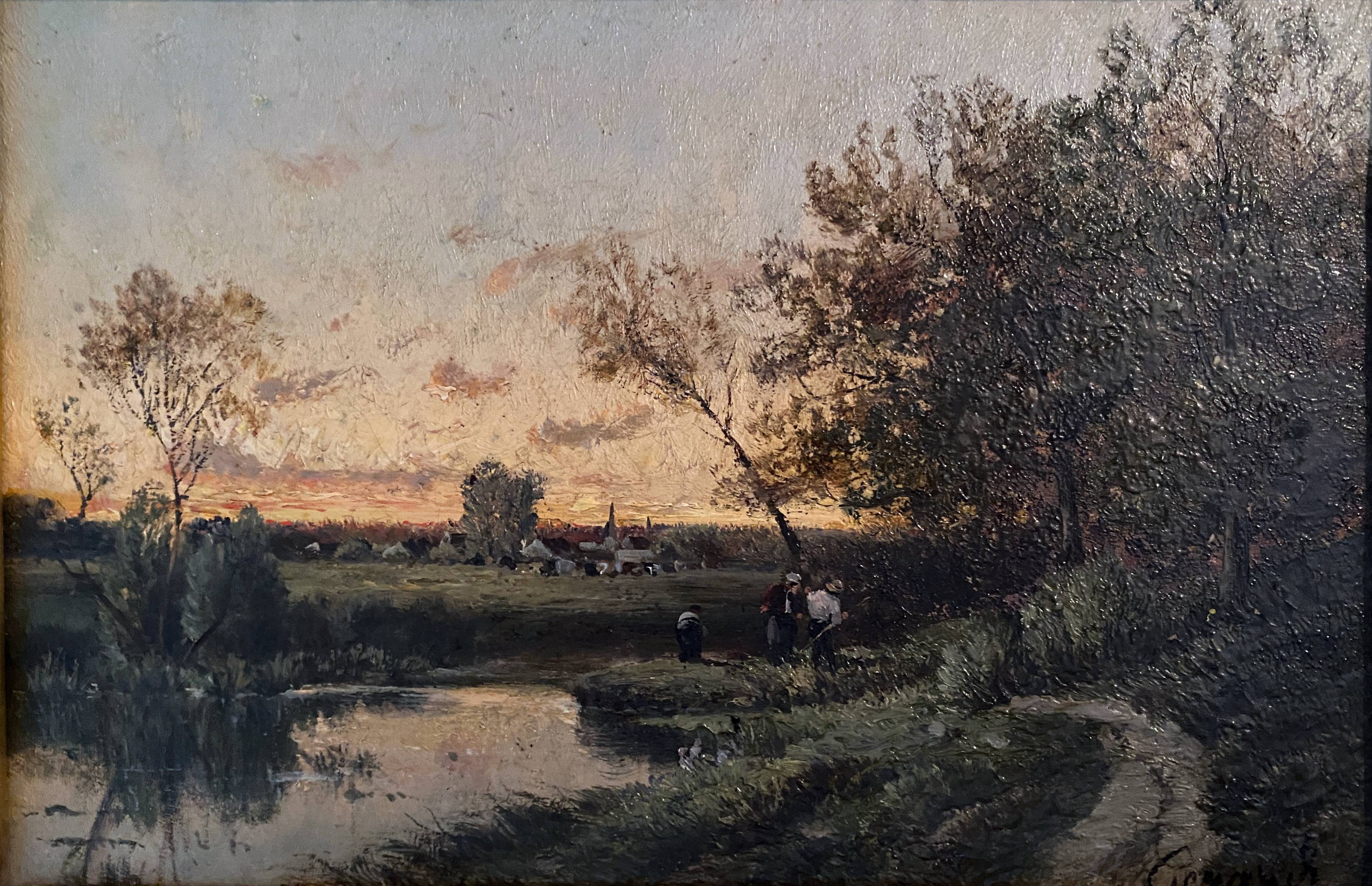 Impressionist painting "Animated twilight landscape" 19th century signed Barbizon