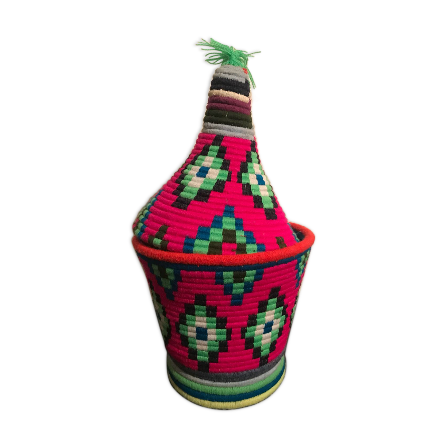 Berber wool and red and green raffia basket