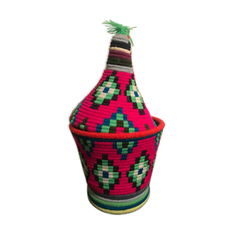 Panier Berbère en laine et raphia rouge et vert