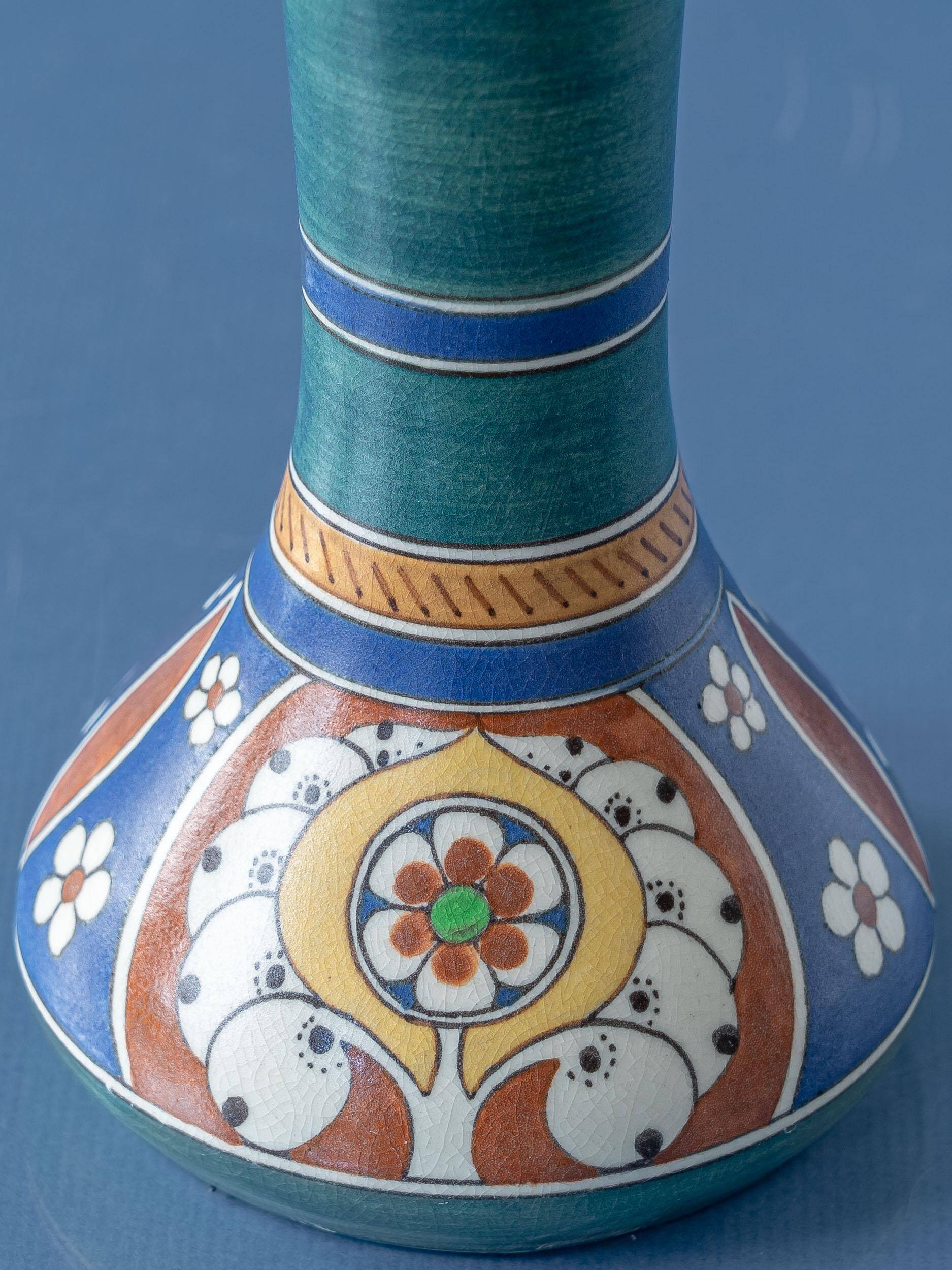 Pair of hand-painted ceramic table lamps in Dutch Art Nouveau–Art Deco style, 1910–1917.
