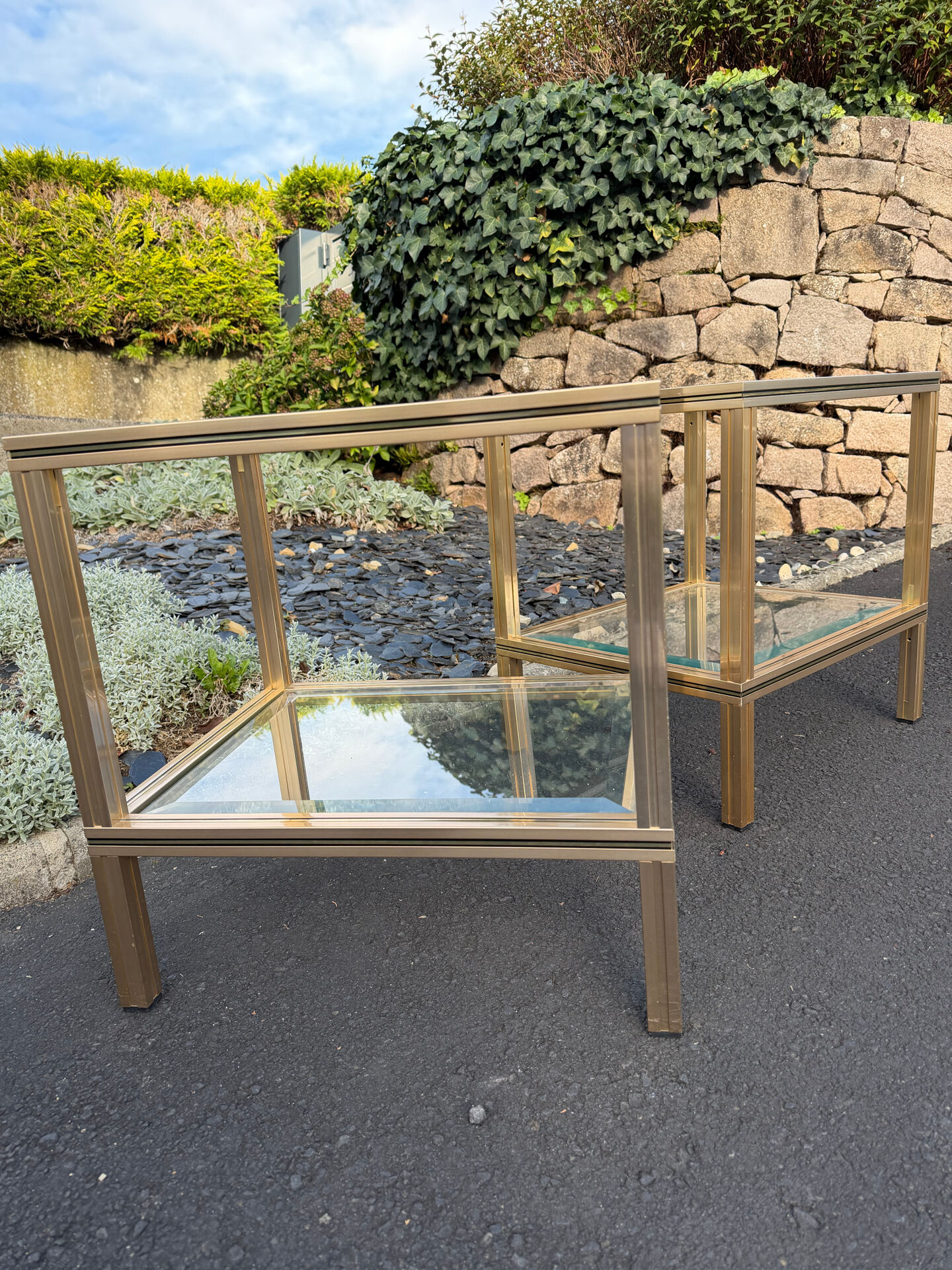 Pair of side tables Pierre Vandel Paris, gold metal and glass, year