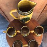 Ancien service pichet & 5 chopes céramique décor vigne raisin jaune vert vintage