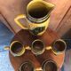 Old pitcher service & 5 ceramic mugs vintage yellow green grape vine decor