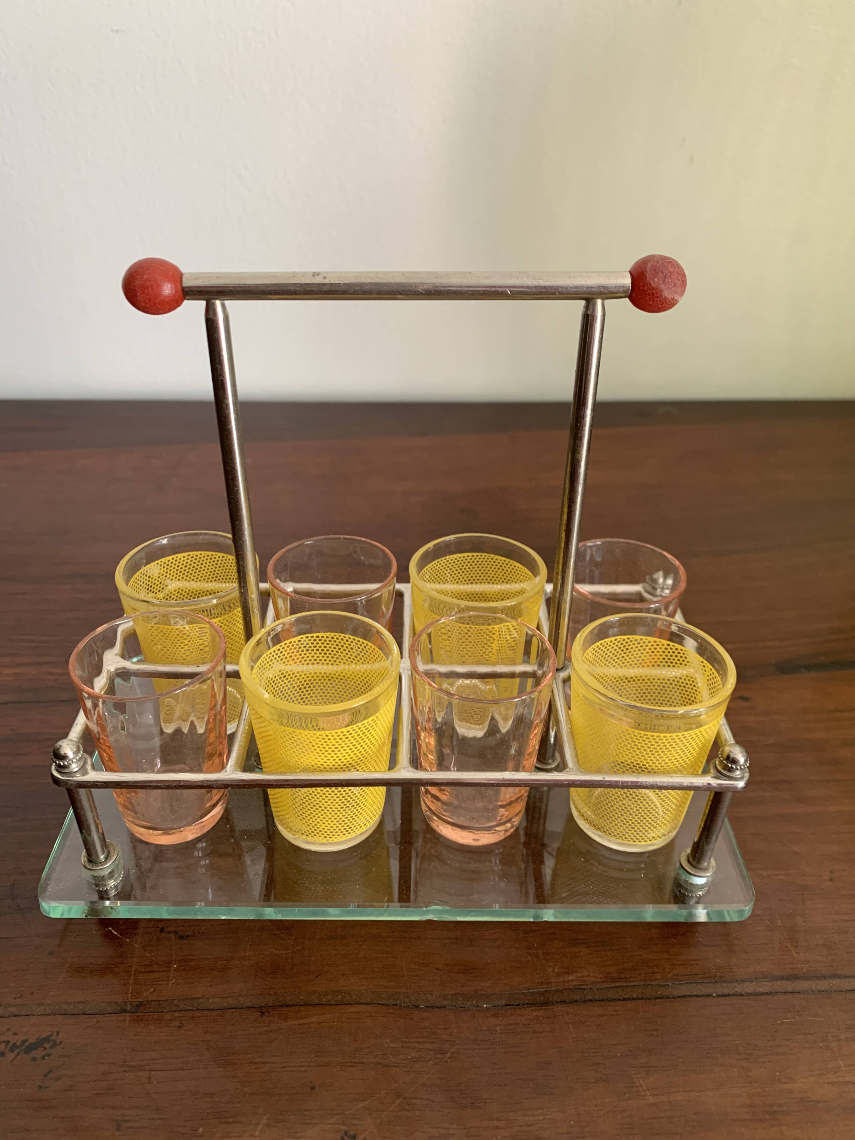 set of six digestive glasses with glass and metal tray
