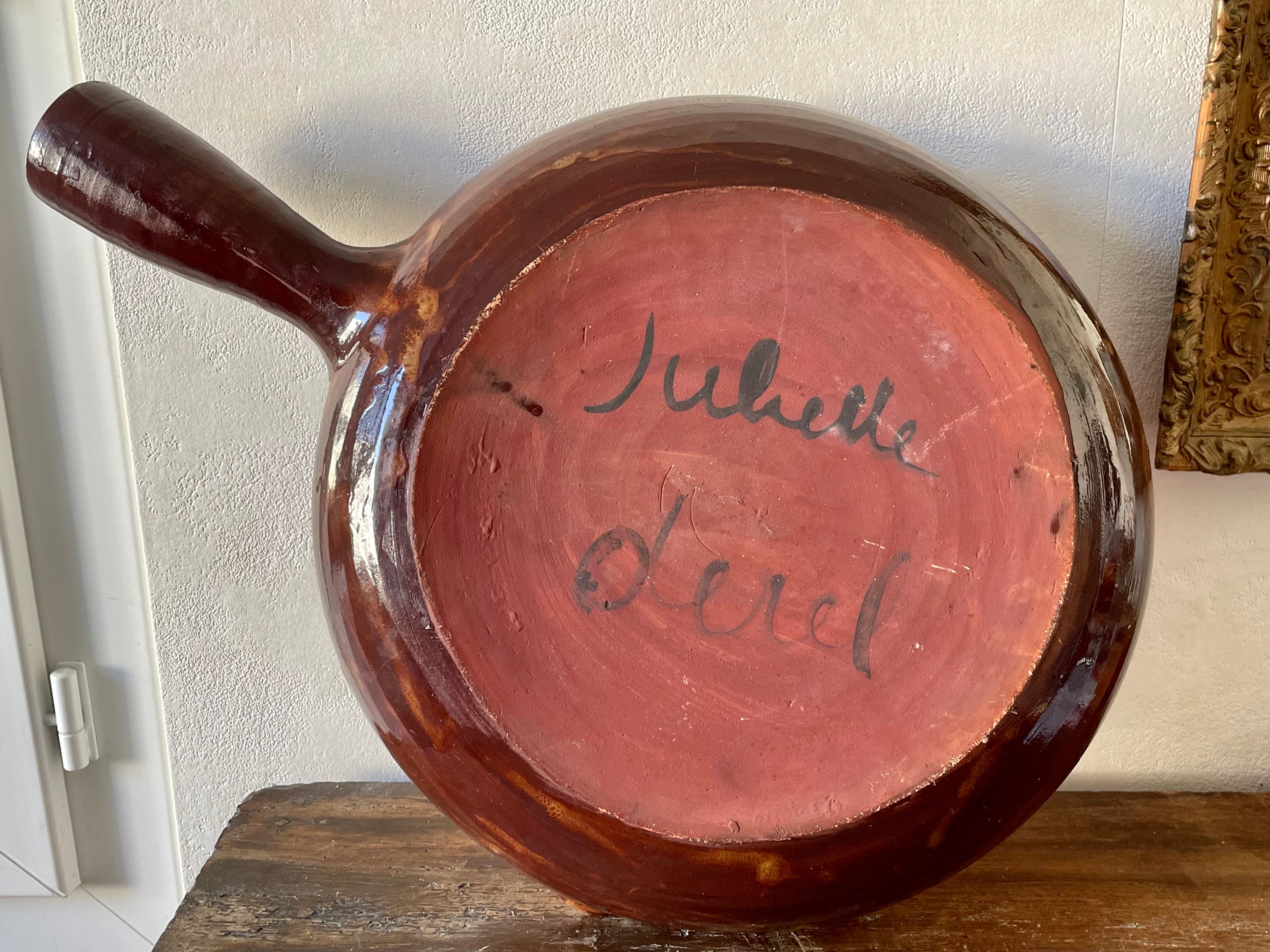 Very large ceramic frying pan by Juliette Derel, circa 1960