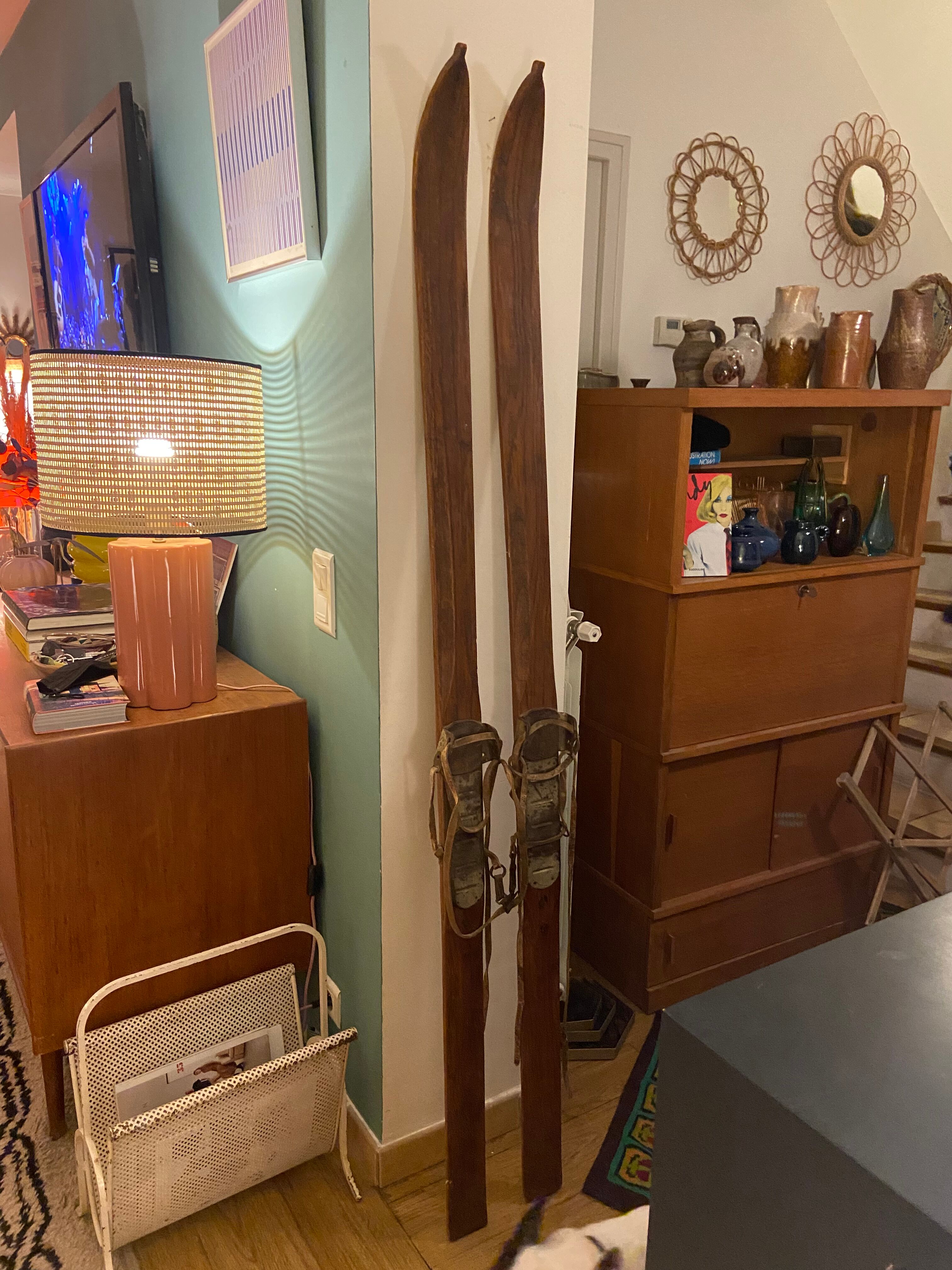 Pair of vintage wooden skis