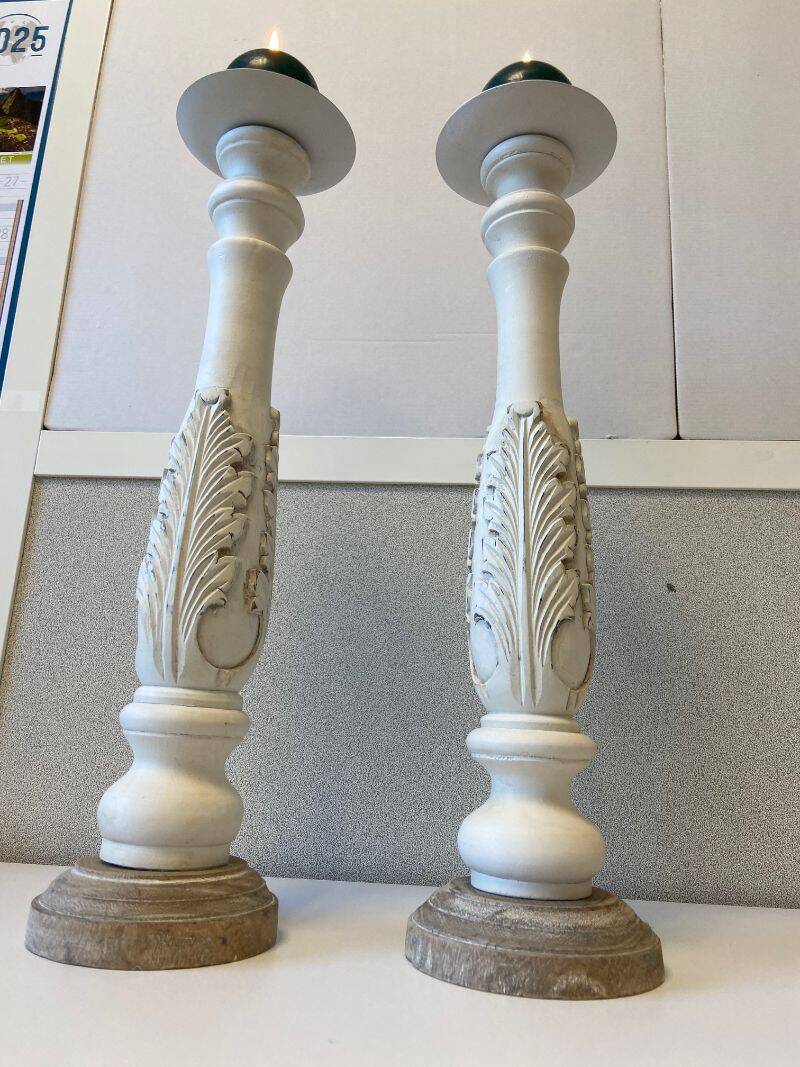 Pair of Candlesticks Candlesticks Turned Wood Carved Bleached Deco Art