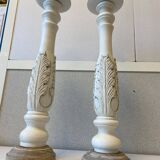 Pair of Candlesticks Candlesticks Turned Wood Carved Bleached Deco Art
