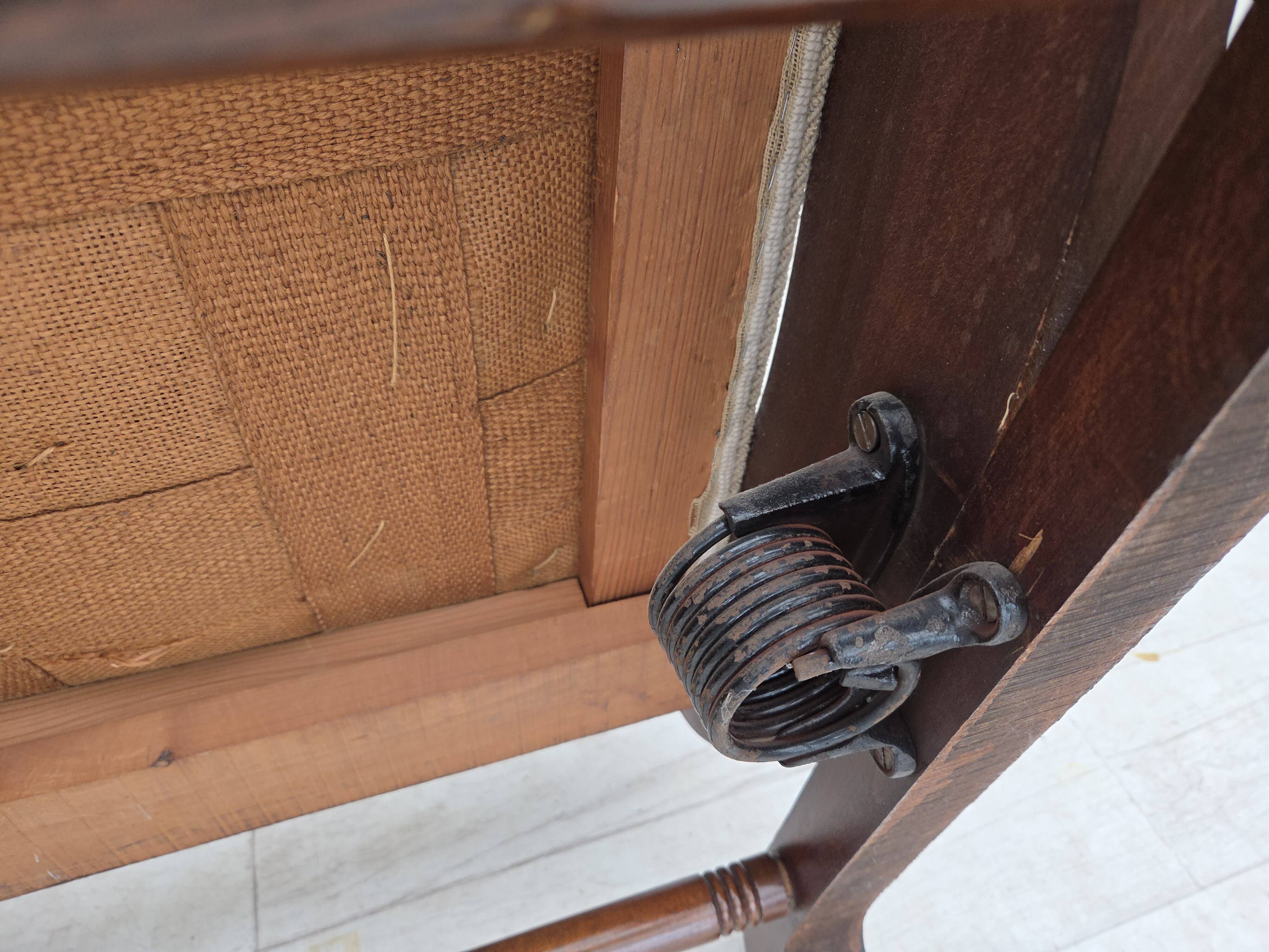 1930s, Danish highback rocking chair, original hand woven wool, ash wood.