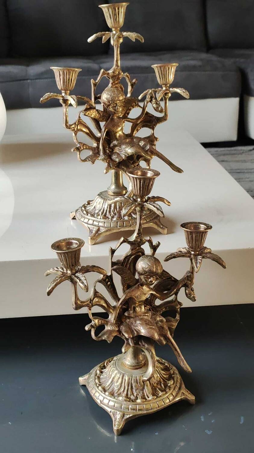 Pair of Antique 3-light candlesticks. Puttis/Cherubs. Bronze