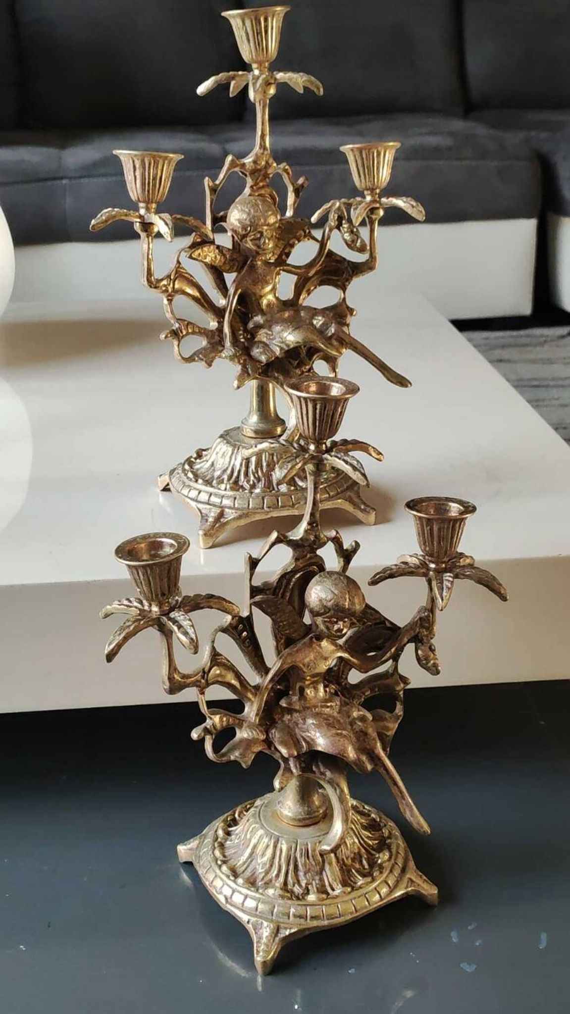 Pair of Antique 3-light candlesticks. Puttis/Cherubs. Bronze