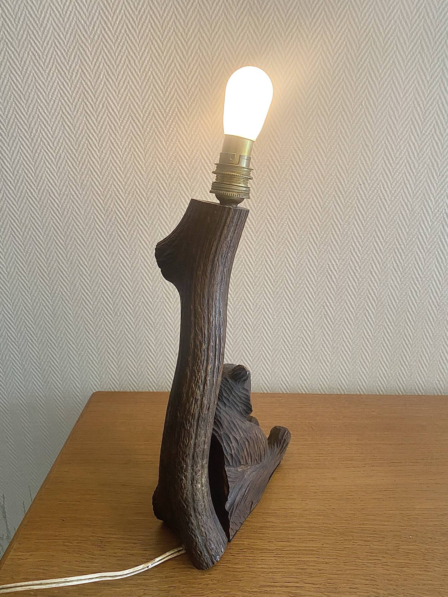 Art Deco carved wooden lamp base bear
