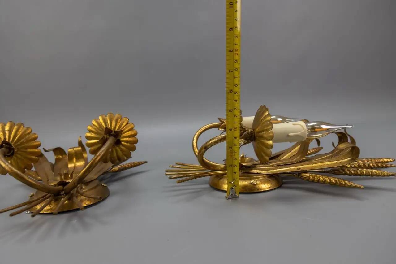 Pair of Hollywood Regency Style Gilt Metal Wheat Sheaf Wall Sconces, 1970s