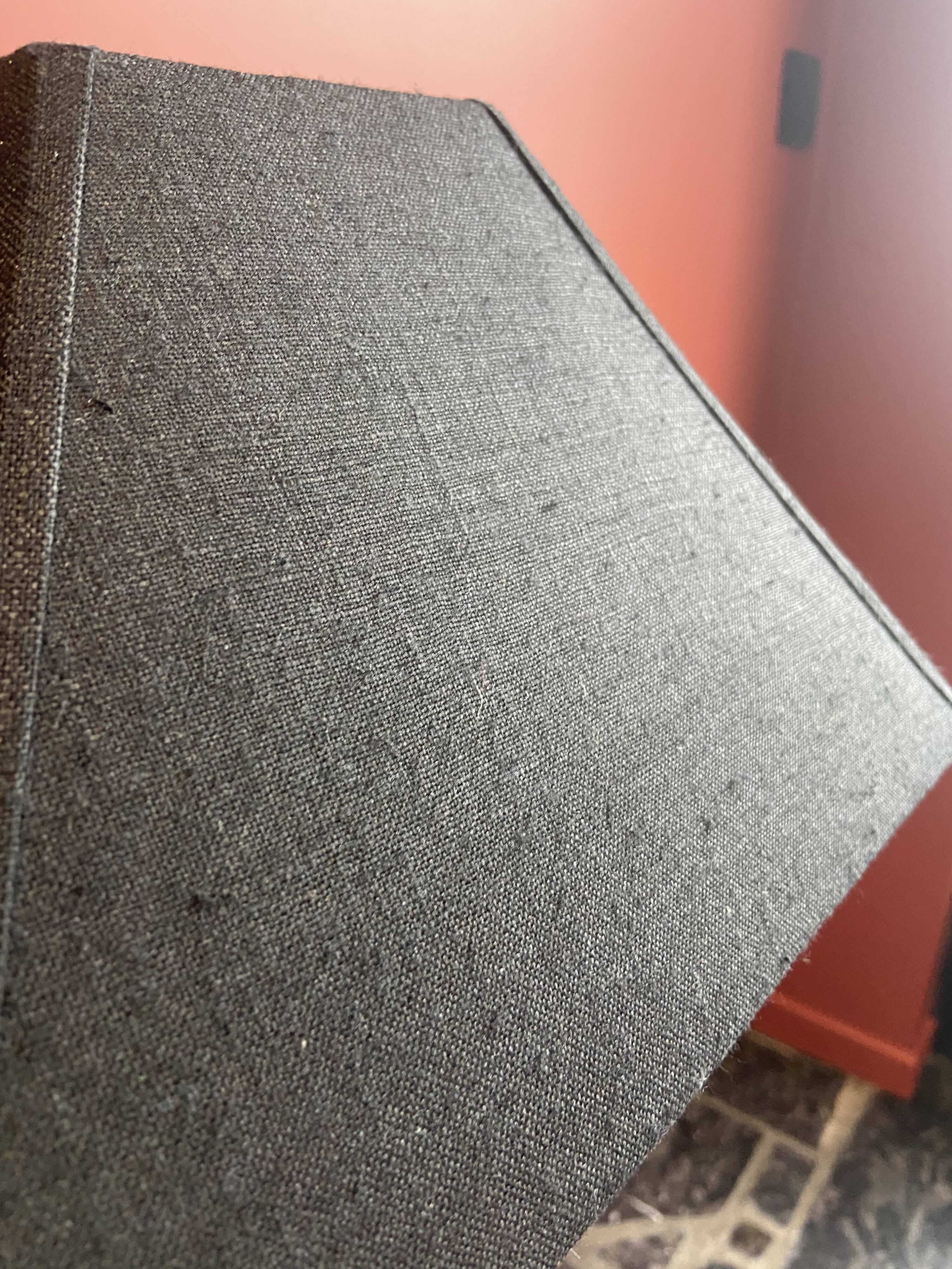 Brass shell socket lamp from the 1st WW, black pyramidal lampshade in Carlucci linen.