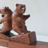 Paire de serre-livres vintage en bois sculpté à la main, décor ours