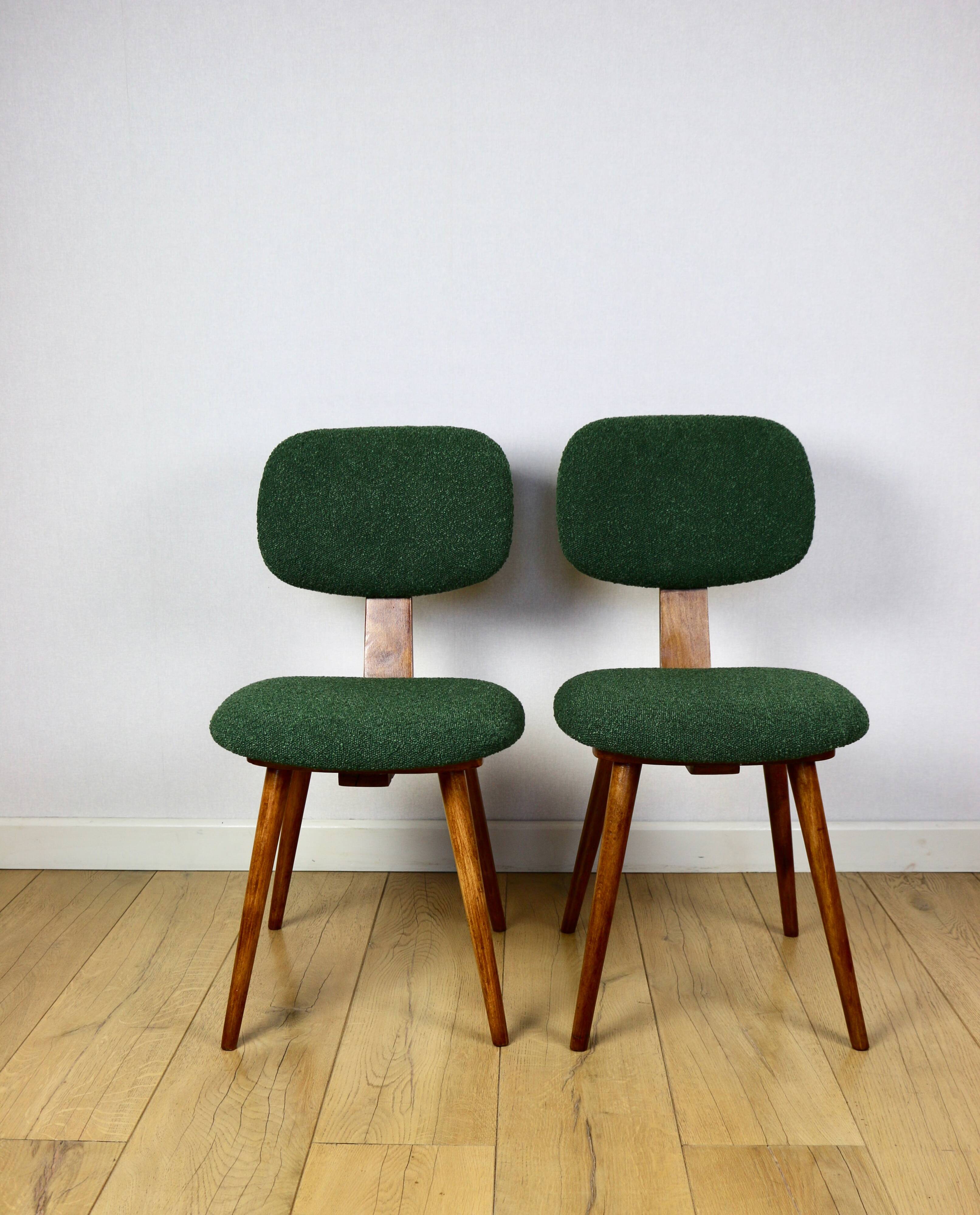 Vintage chair with green boucle backrest like Skoczek - set of 2 chairs
