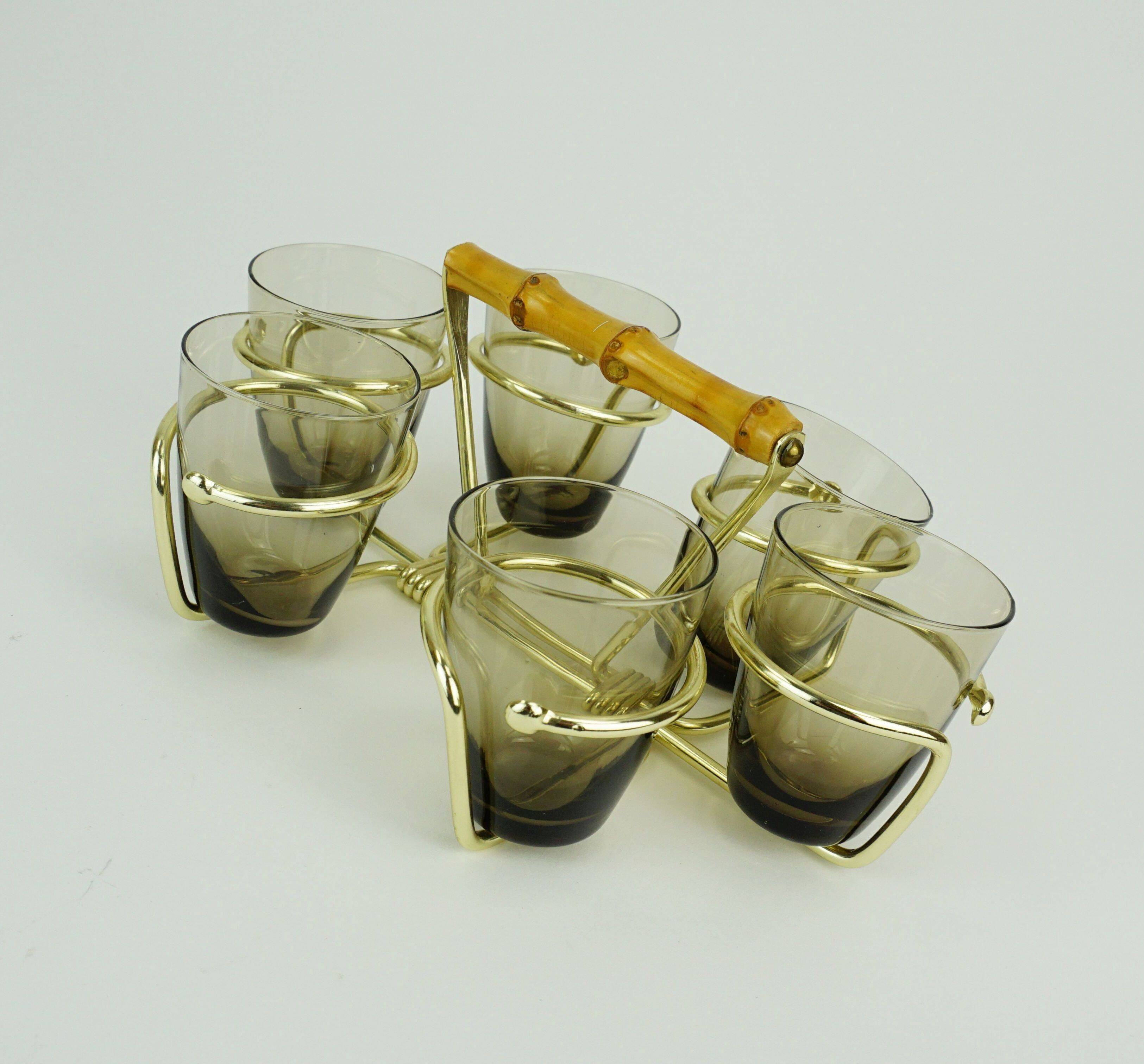 Set of 6 midcentury shot glasses in a brass holder with bamboo handle 1950s