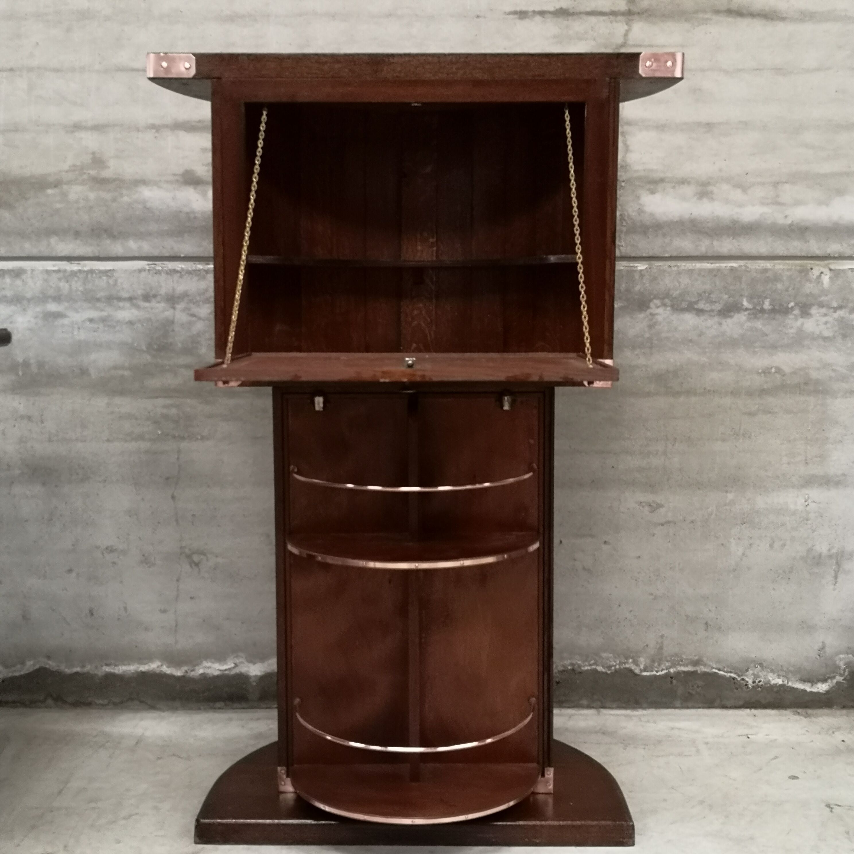 Dutch boat bar solid oak and red copper 1940 1950 art deco