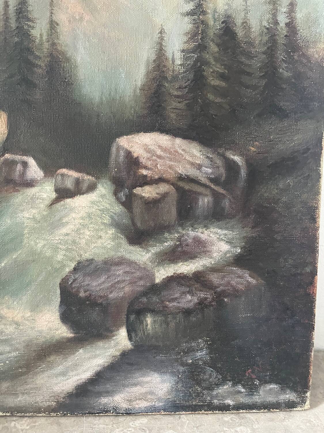 "The torrent in Savoie", mountain landscape, oil on canvas