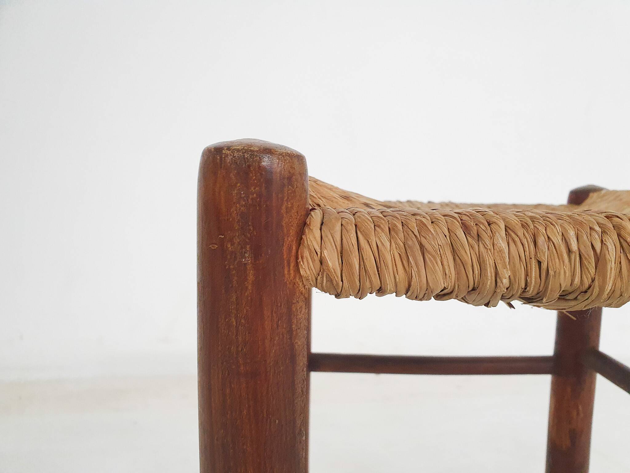 Mid-century wooden stool with rattan seating