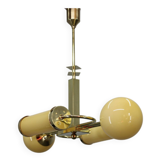 1930s Czechoslovak Art Deco brass chandelier with globe and opaline shades