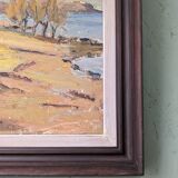 Peinture à l’huile de paysage vintage suédoise moderne « Golden Meadows » du milieu du siècle, encadrée