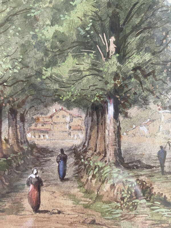Tableau Aquarelle XIX° ''Le chemin de la ferme - Nivernais'' & cadre