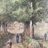 Tableau Aquarelle XIX° "Le chemin de la ferme - Nivernais" & cadre