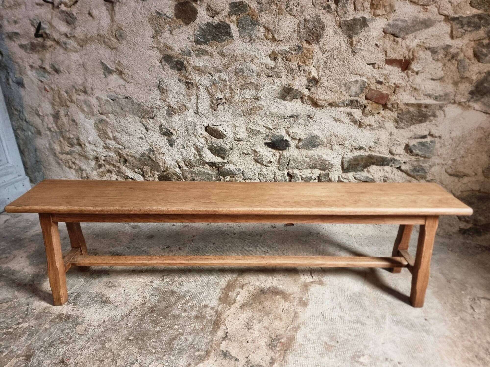 Vintage oak bench, solid wood dining bench, rustic farmhouse bench, French country style, circa 1950–1965.