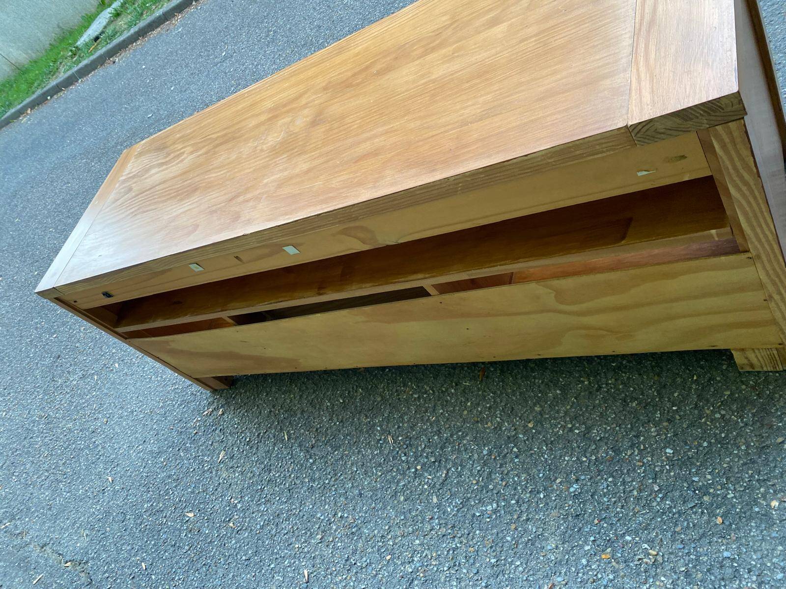 Solid pine wood TV unit stained with drawer and storage.