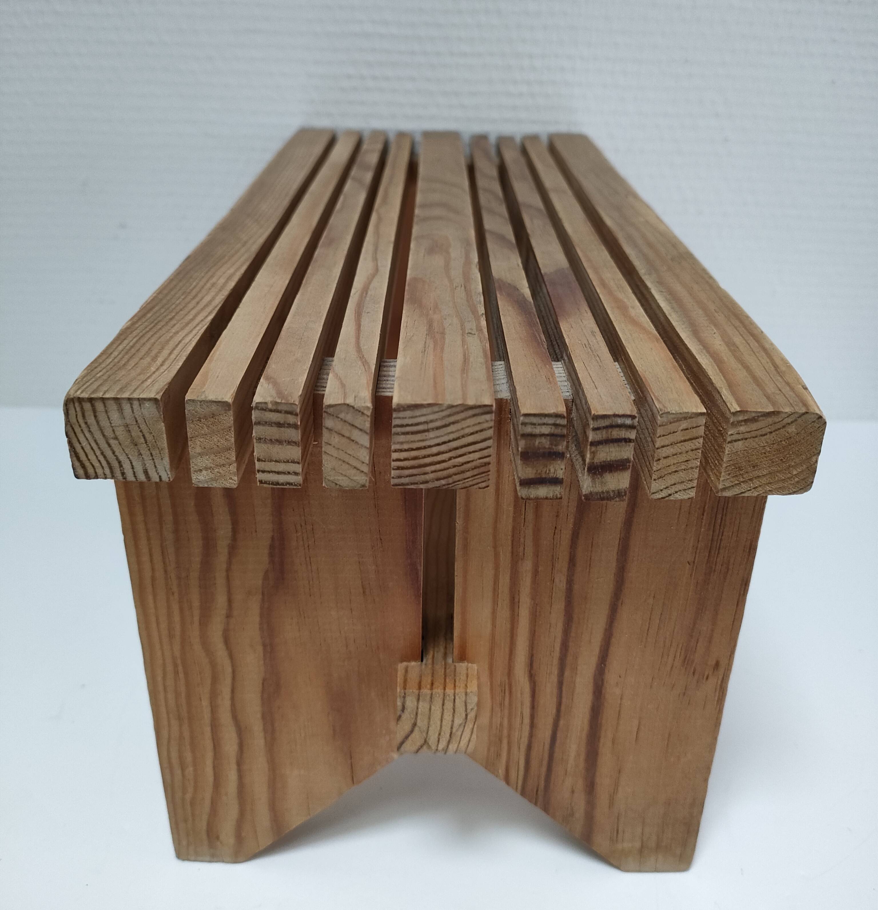 Vintage solid pine slatted low stool