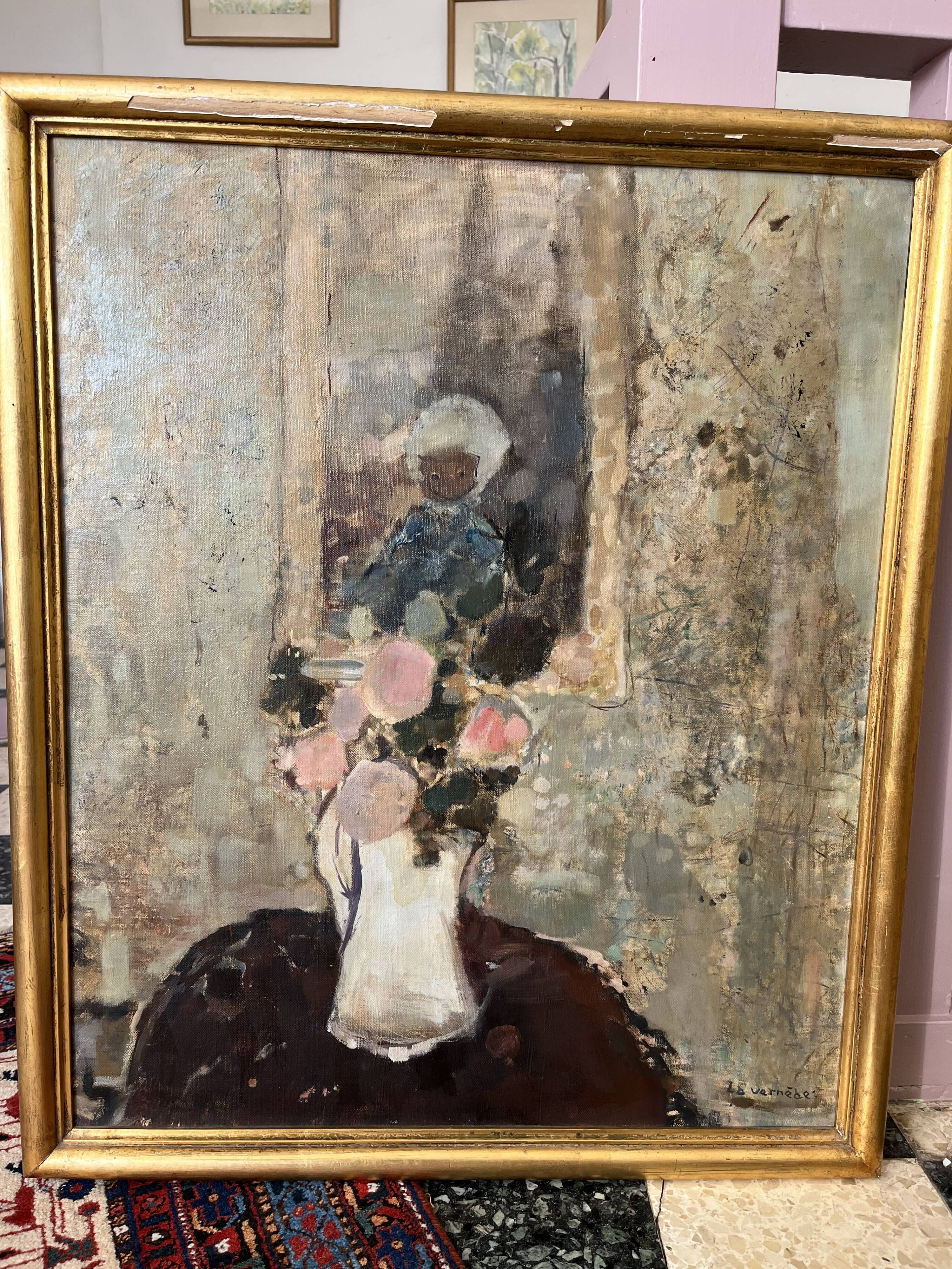 Painting by La Vernède (1899-1971), Flower Pot with Mirror.