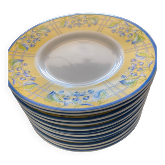 12 assiettes à dessert motifs fleuris jaunes et bleus