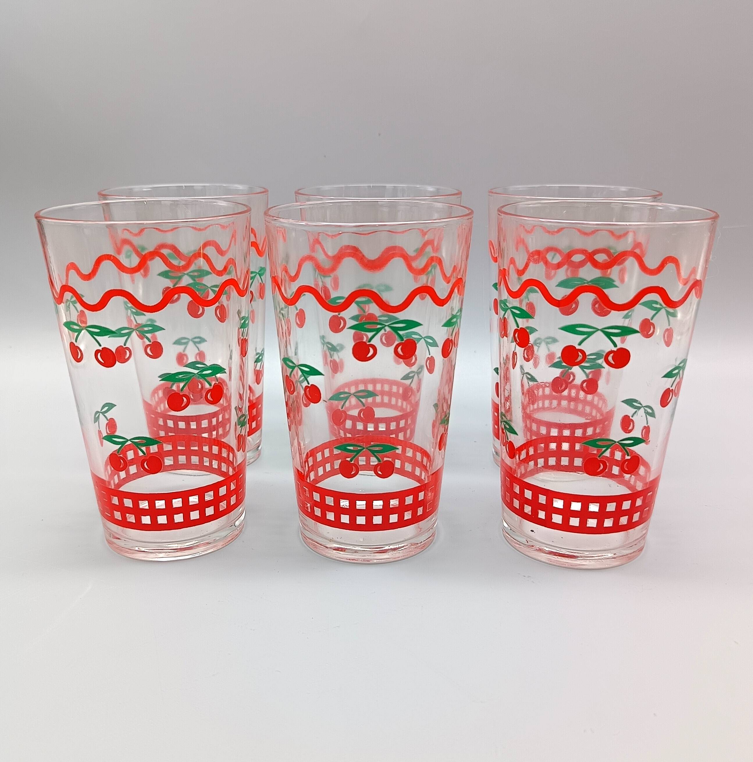 Vintage cherry ORANGEADE SET, 6 glasses and pitcher, France, VMC