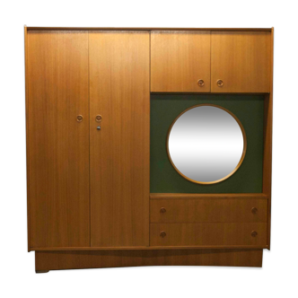 Armoire scandinave  1960 porte secrète et miroir rond 5 portes et 2 tiroirs