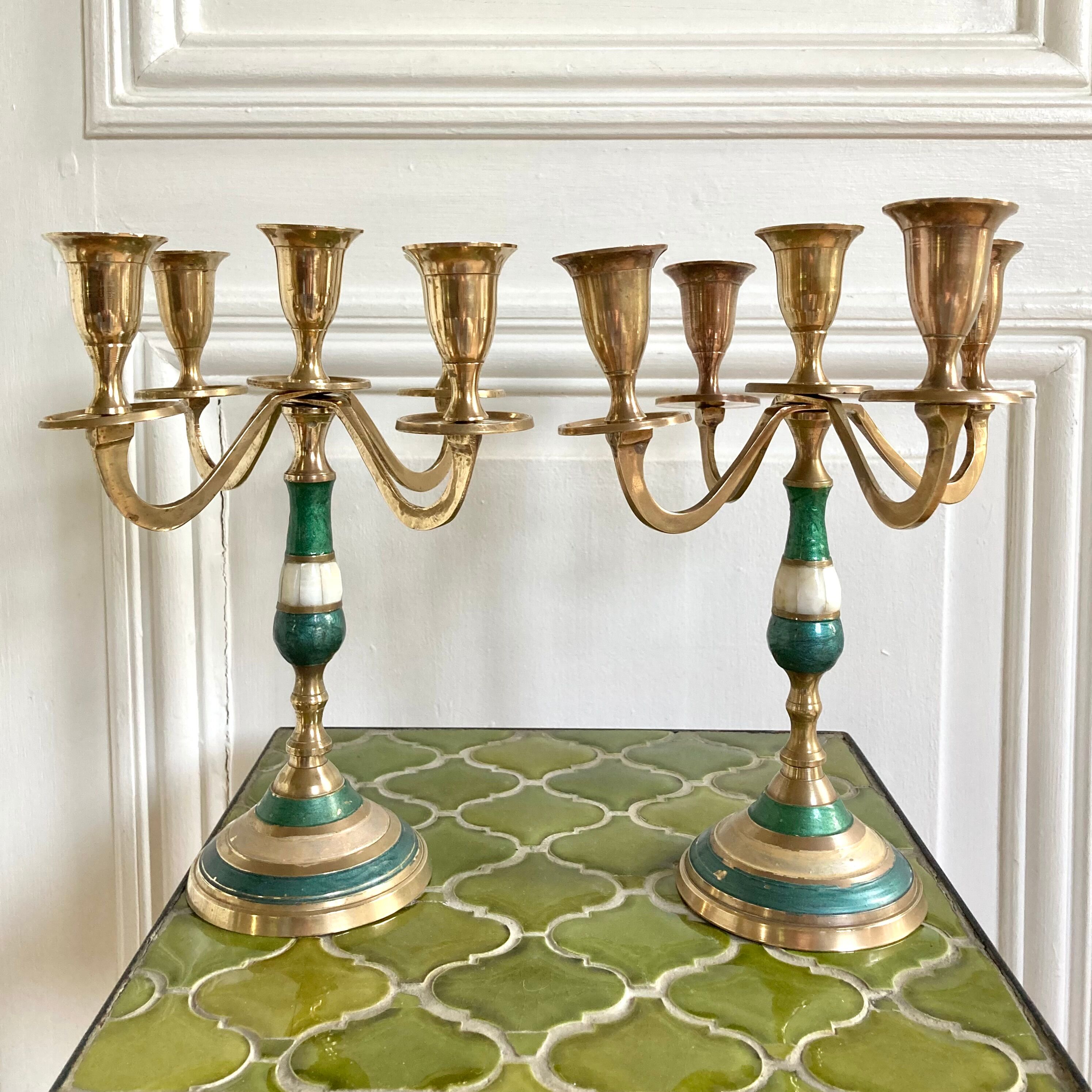 Pair of candlesticks brass and mother-of-pearl candlesticks