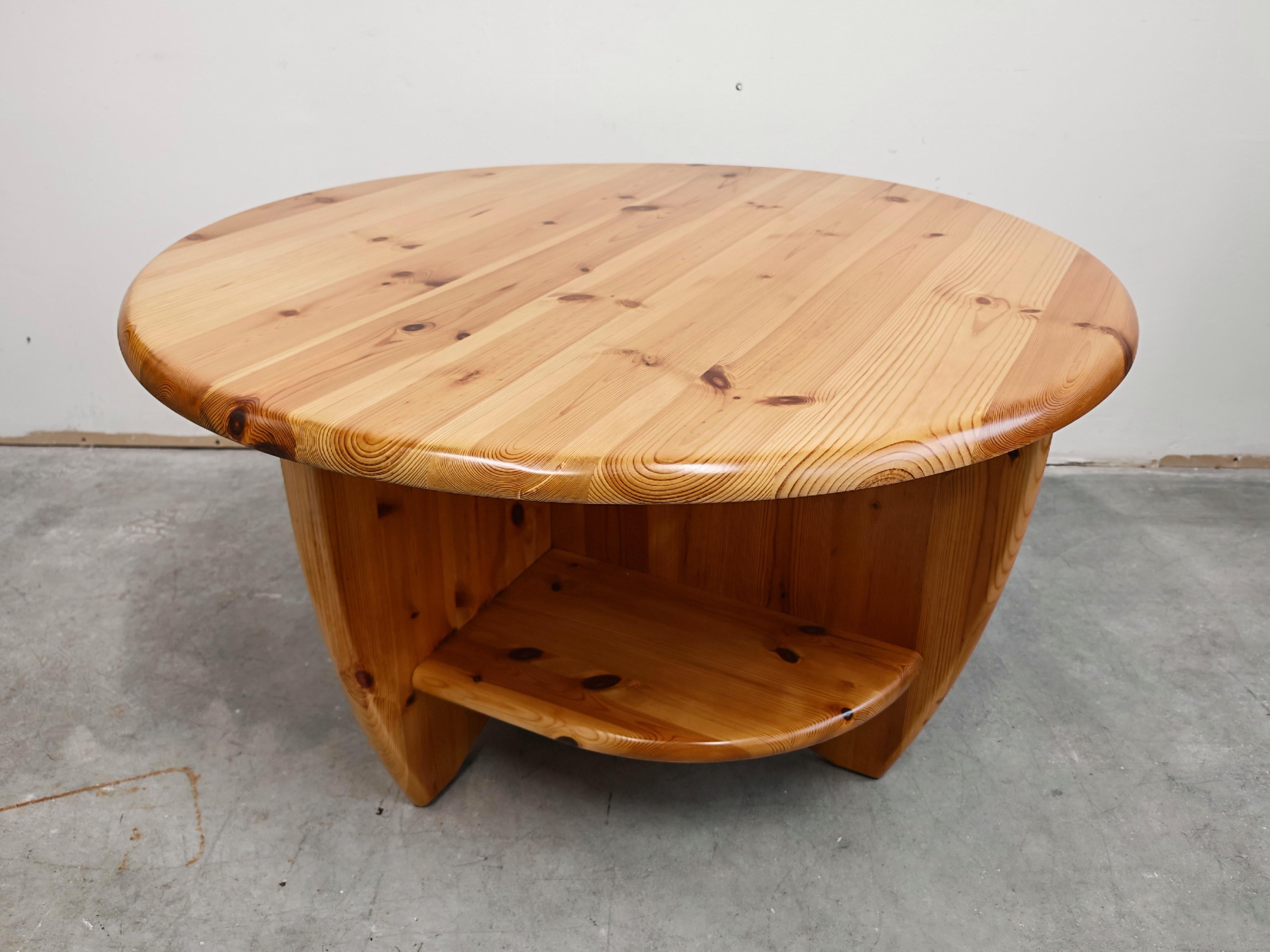 1970s solid pine brutalist round coffee table