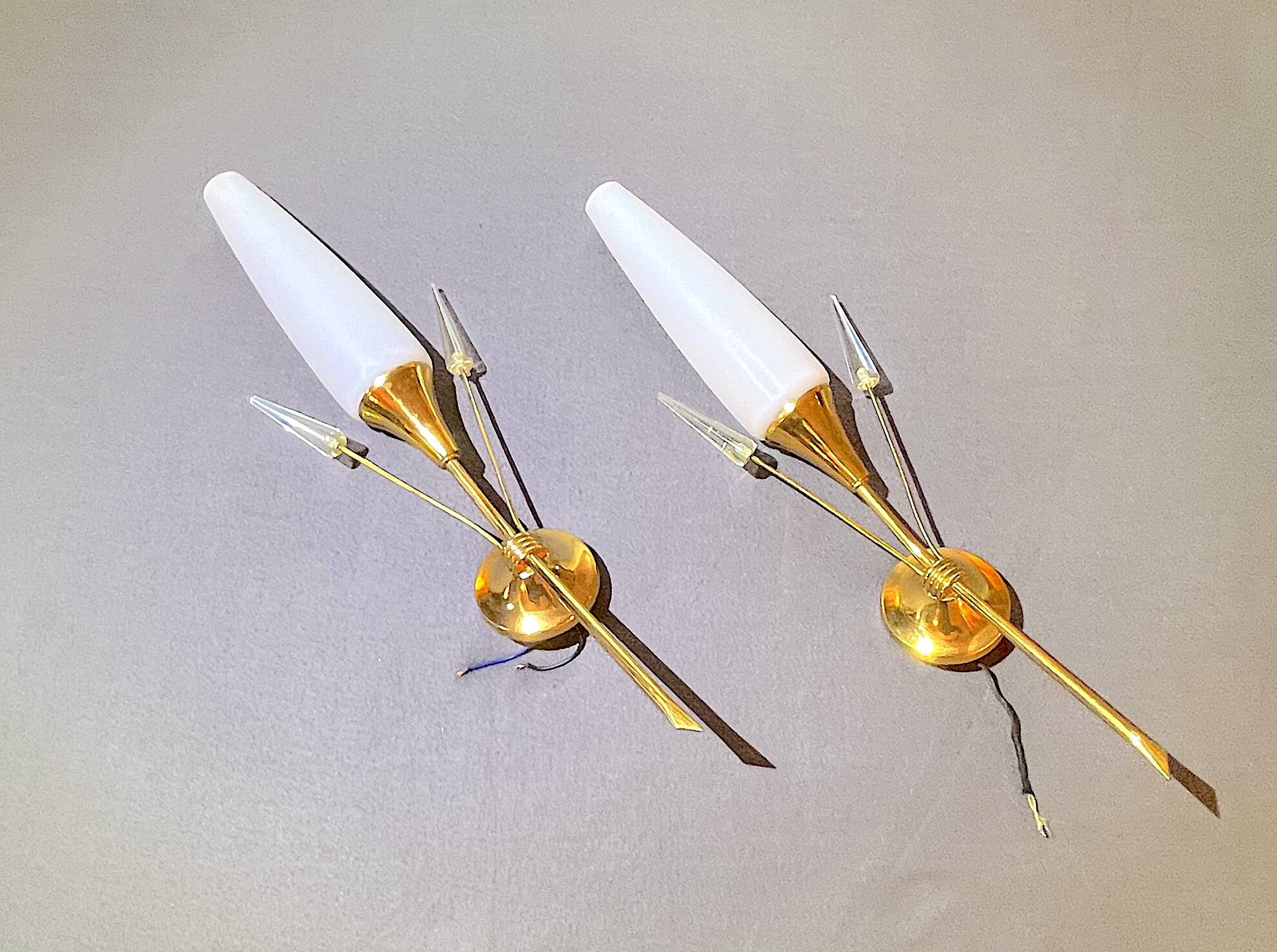 Pair of brass and opaline sconces, Maison Arlus, France, Mid-Century