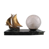 Lampe veilleuse chevet art deco bateau voilier en régule sur socle marbre vert de mer