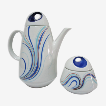 Cafetière et sucrier porcelaine décor bleu design bareuther années 70