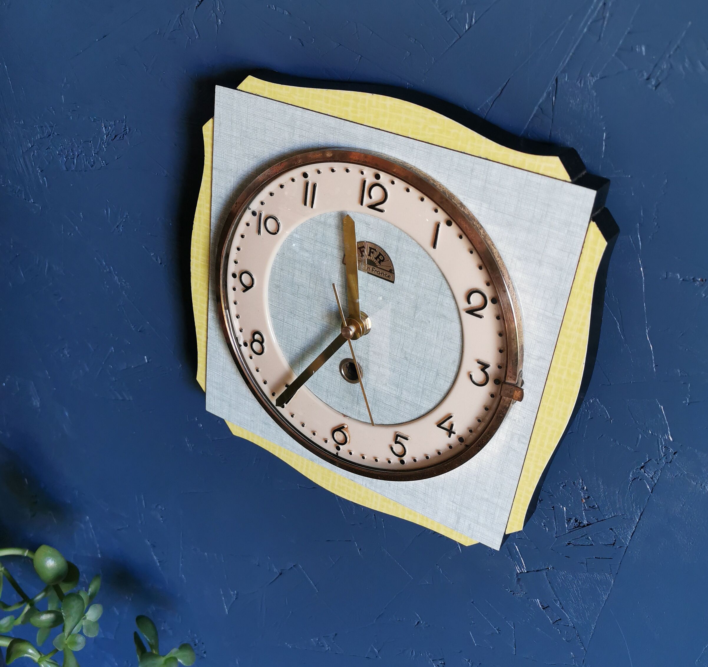 Vintage formica clock square silent wall clock "FFR yellow green"