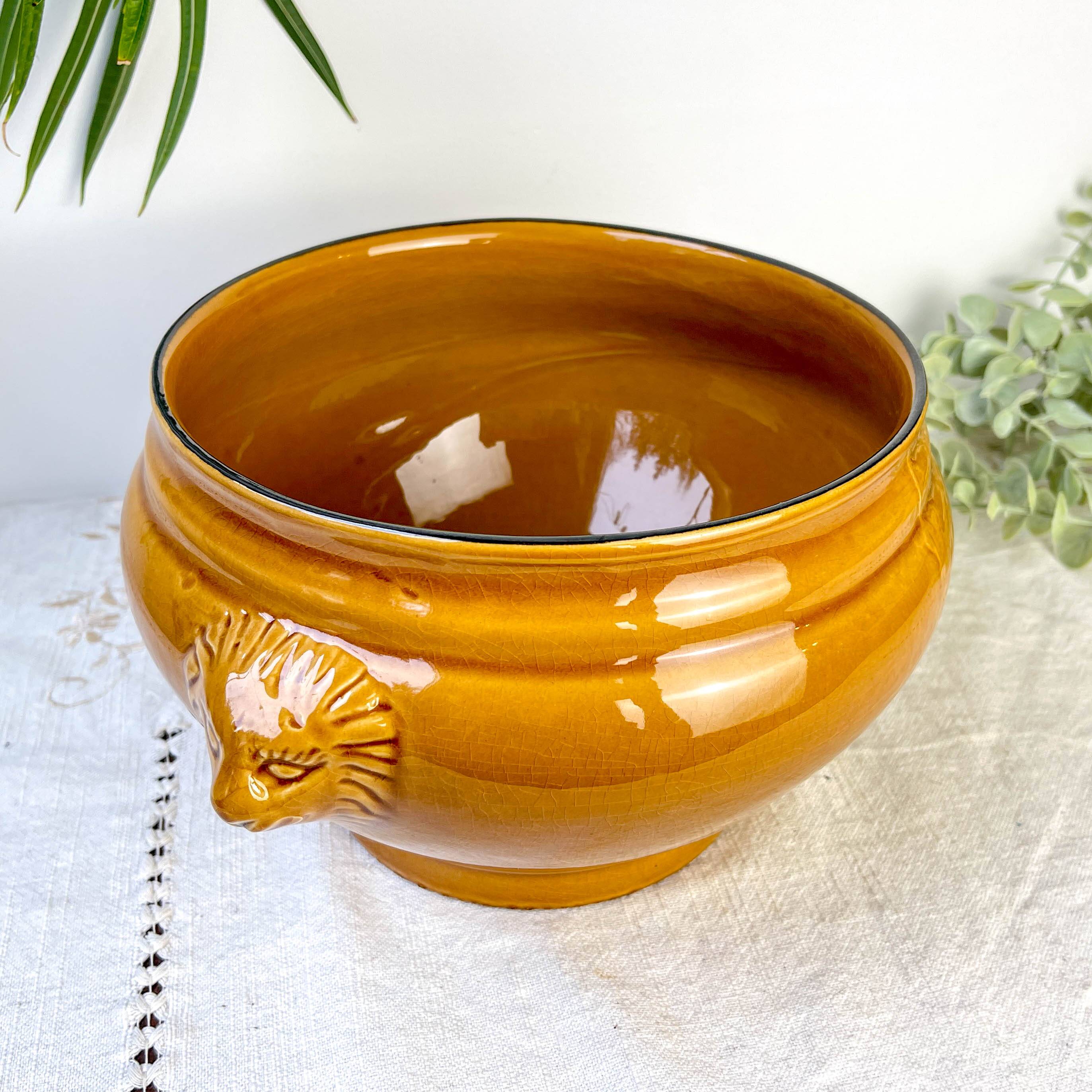 Vintage Ceramic Lion Head Soup Tureen - Honey, Made in France