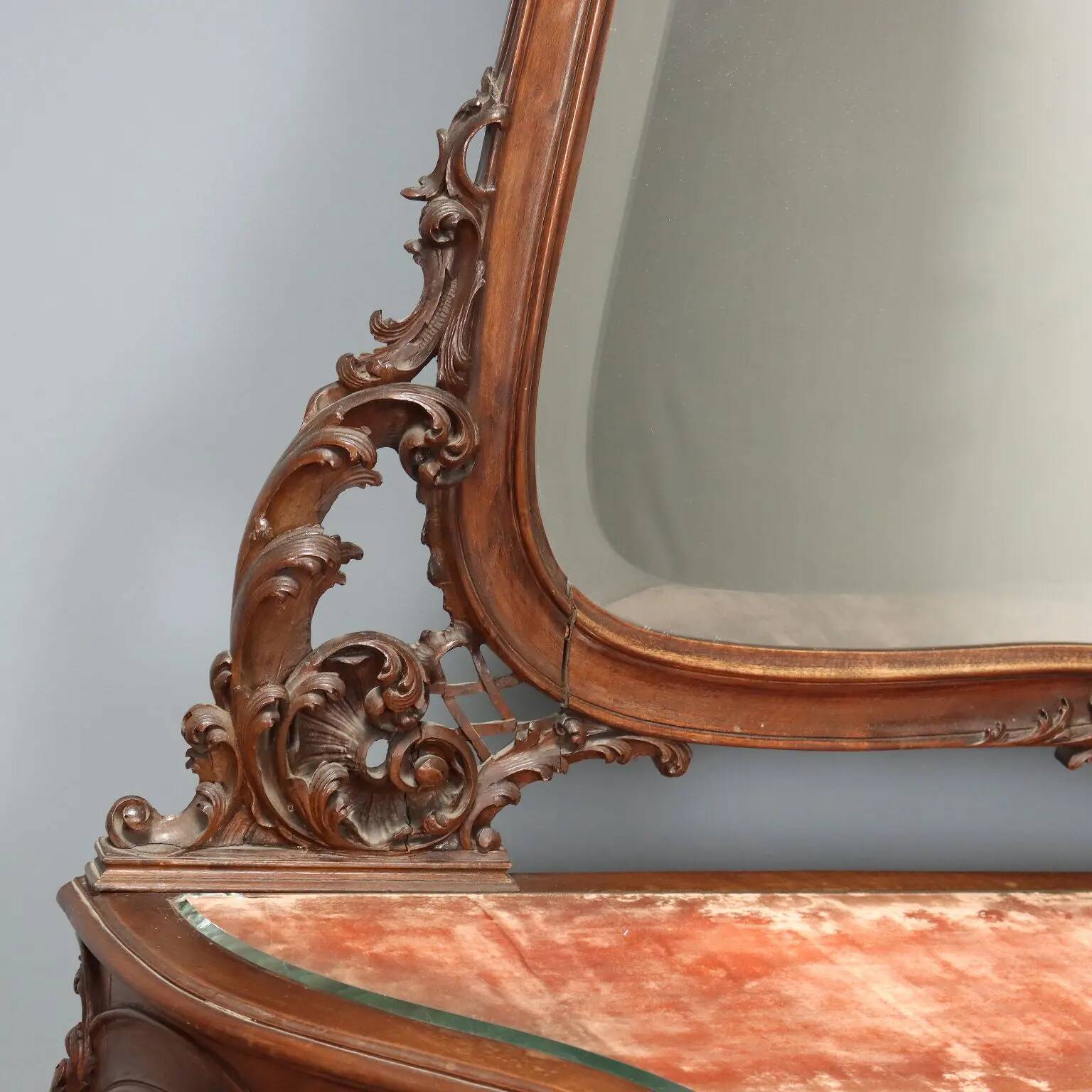Antique console in mahogany, velvet and glass, Italy, 19th century.