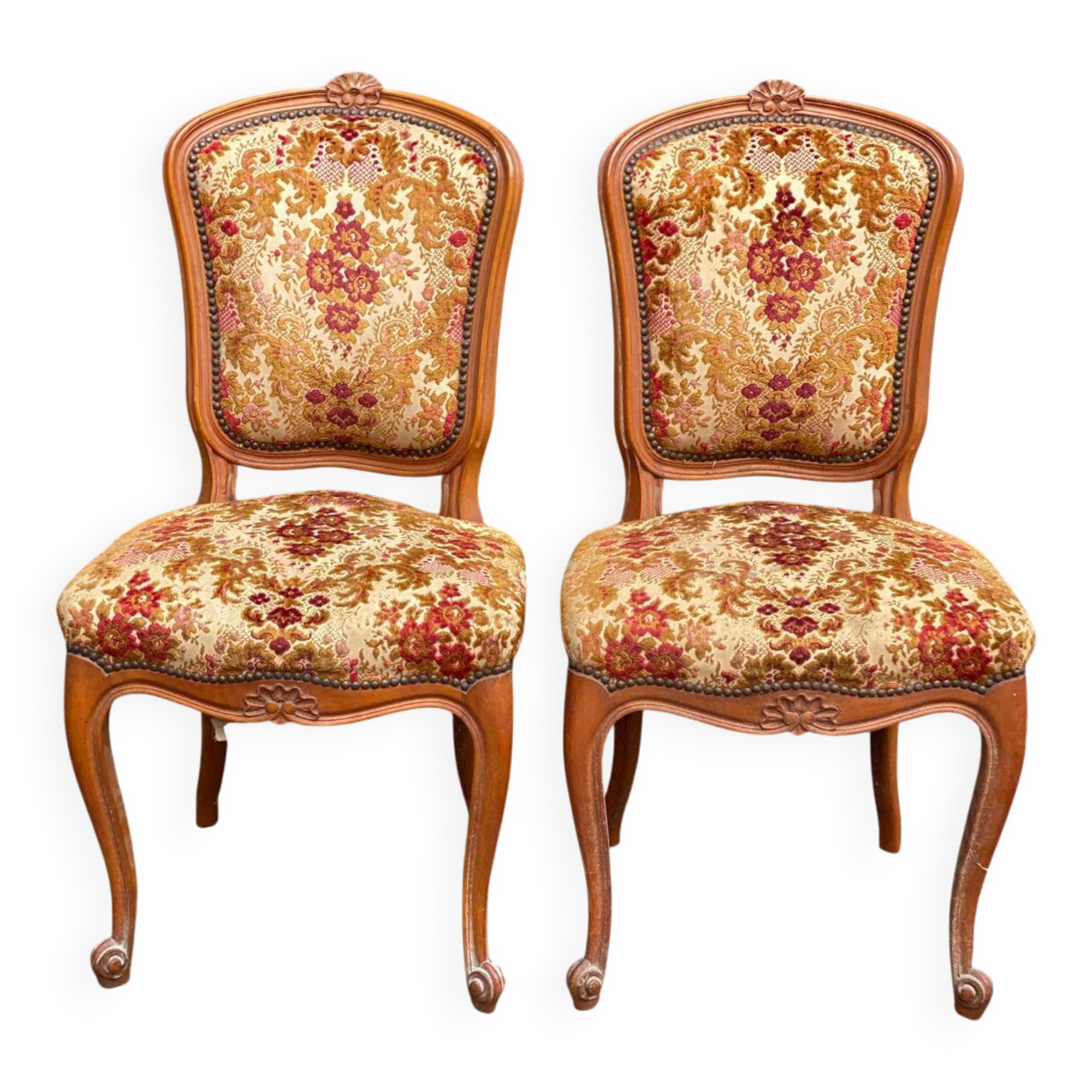 2 Louis XV chairs in solid wood and red-yellow fabric