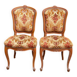 2 Louis XV chairs in solid wood and red-yellow fabric