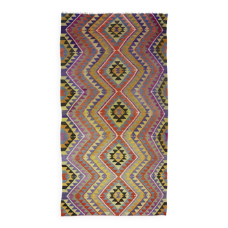 Tapis Kilim Turc Vintage Coloré 147x310 cm Laine Fait Main