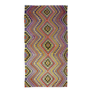 Tapis Kilim Turc Vintage Coloré 147x310 cm Laine Fait Main