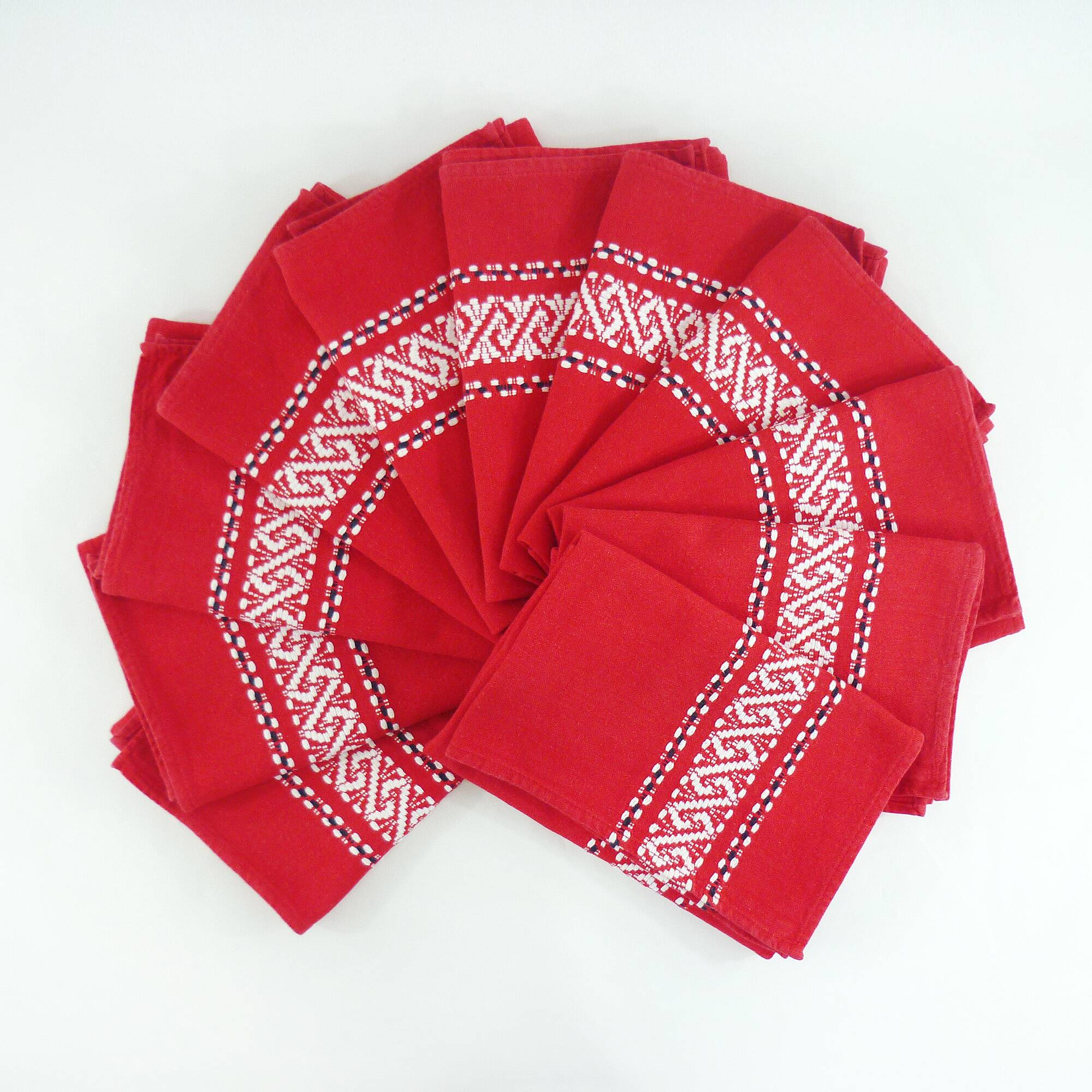 11 red cotton napkins - embroidered Basque style