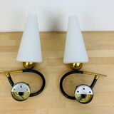 Pair of Arlus 50s opaline black and golden brass wall lamps